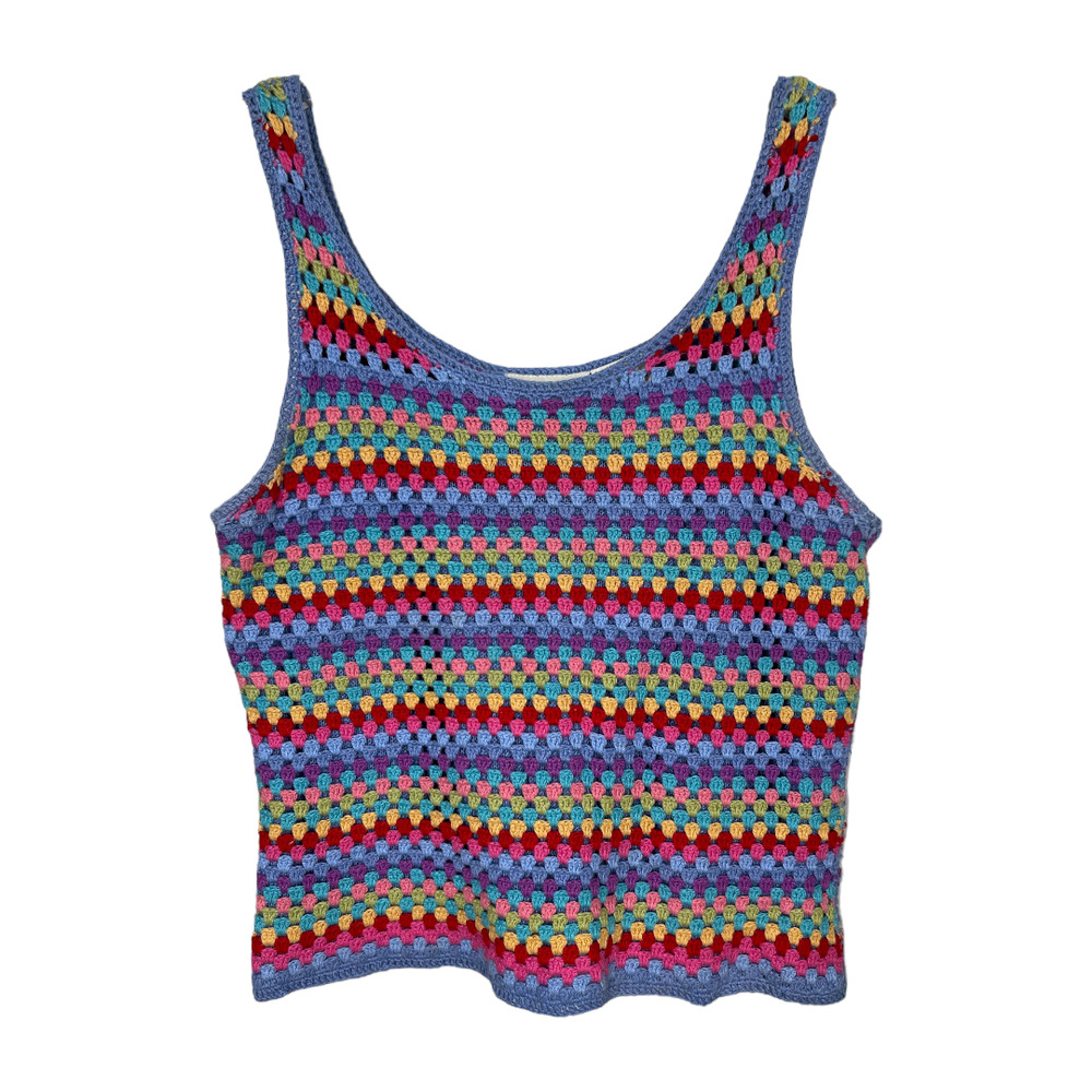 Vintage Rainbow Stripe Crochet Tank Small White Stag Y2K 2000s Boho Hippie